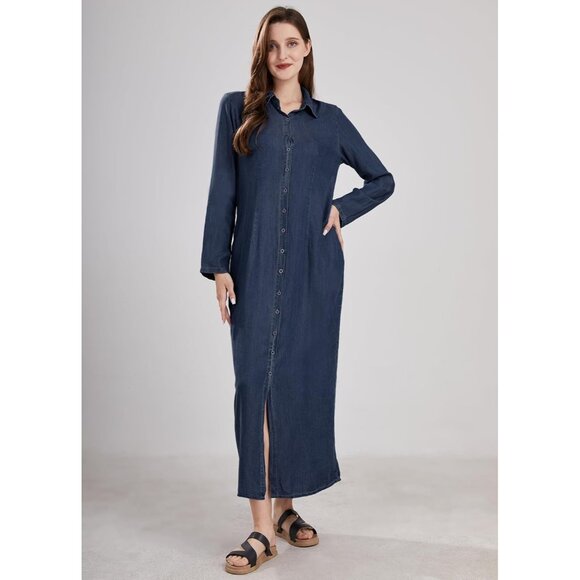 Women's Casual Denim Maxi Dress Long Sleeve Pockets Button Up Stylish - Picture 2 of 7